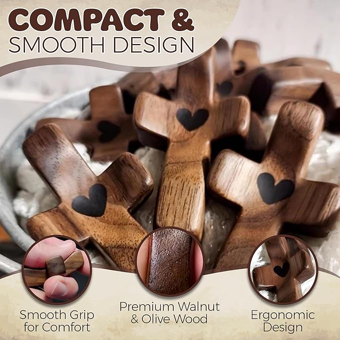 Cross My Heart,Wooden Cross,Encouragement Gift Stress Relief Cross,Prayer Cross for Hand,Pocket Cross Christian Gifts for Women and Fidget Toys for Children and Adults(Black 1Pcs