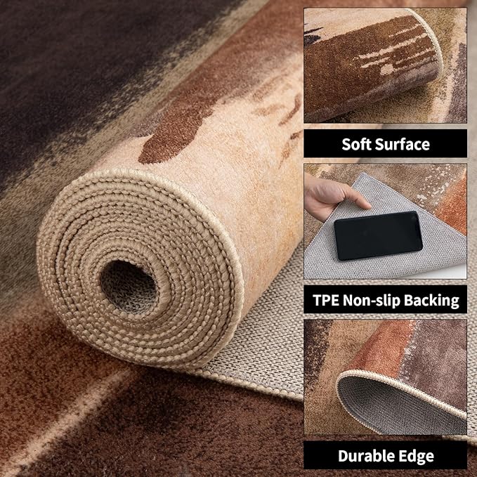 Ciicool Abstract Area Rug Indoor, 3x5 Washable Entryway Rug, Modern Soft Throw Entry Rug with Non-Slip Backing for Bedroom Living Room Entrance Kitchen, Low-Pile Floor Carpet Doormat Brown Grey