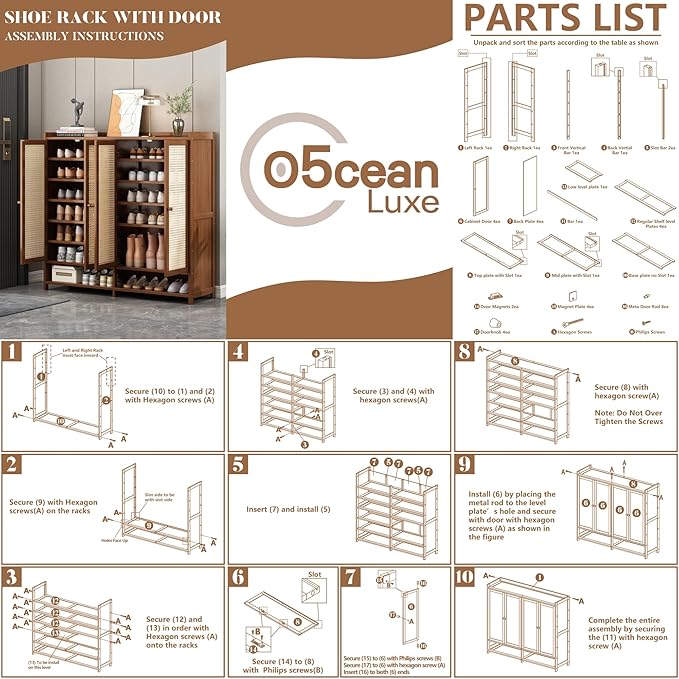Upgraded Shoe Storage Cabinet,39 Pairs Rattan Shoe Cabinet Storage,8 Tier 45" Tall Large Shoe Cabinet,Boho Farmhouse Cabinet with Doors for Hallway Living Room Closet(47.2" W 8 Tier)