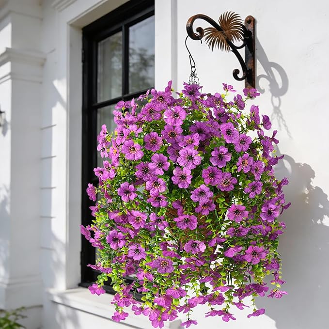 INQCMY Artificial Hanging Flowers with Basket for Spring Outdoor Decoration 3 Bunches of Silk Daisy Flower Uv Resistant for Garden Porch Patio Balcony Yard Decor (Purple2)