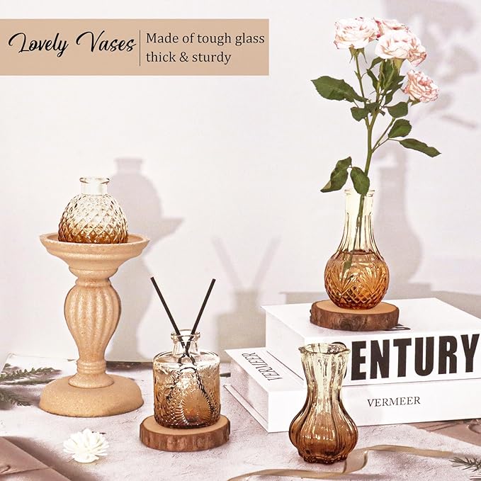 36Pcs Bud Vases Set Small Vintage Glass Bottles Bud Vases in Bulk Multiple Shape Cute Glass Vases for Rustic Wedding Centerpieces Table Decorations and Home Decor(Amber)