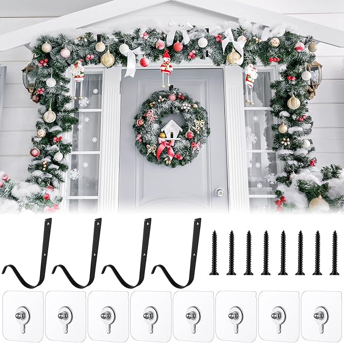 MorningRo 4 Set Large Front Door Garland Hanger Heavy Duty Cast Iron 33 lb Door Garland Hanger Self Adhesive Hook No Nails Screws for Christmas Halloween Decorations(Black)