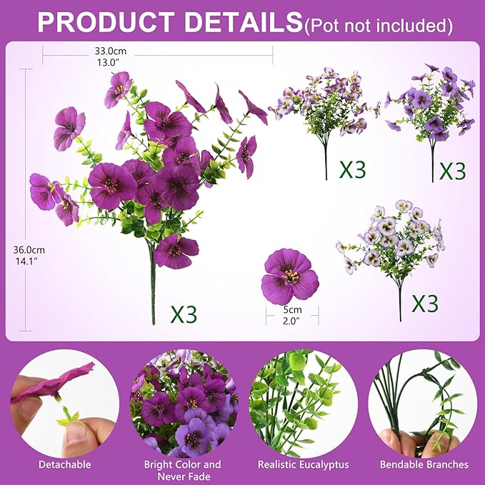 INQCMY Artificial Fake Pansy Flowers for Outdoor, 12 Pcs Faux Silk Pansies Flower for Spring Summer Decoration, UV Resistant Fake Plants for Outside Planter Porch Yard Patio Home Decor(Mixd Purple)