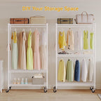 Rolling Clothing Rack for Hanging Clothes H2 Heavy Duty Garment Rack with Wheels Metal Adjustable Shelves & Double Hanging Rods Portable Closet for Bedroom, White Coat Rack