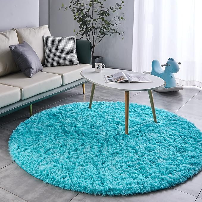 FJZFING Blue Round Rug Ultra-Soft Plush Modern 7x7 Circle Area Rug for Kid's Bedroom, Fluffy Shag Circular Rug for Nursery Room, Non-Slip Home Decor Cute Blue Carpet for Teen's Room