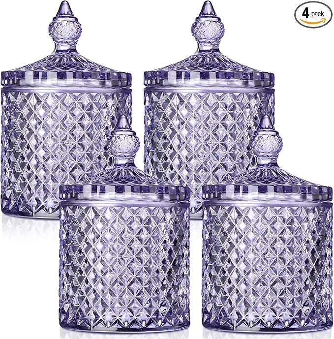 Aoriher 4 Pcs Crystal Glass Candy Jar Set with Lids Home Decorative Storage Jars for Apothecary, Bathroom, Kitchen, and Pantry, Ideal for Cotton Swabs and Jewelry(Medium,Light Purple)