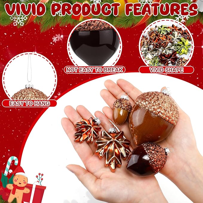 Soaoo 30 Pcs Acorn Hanging Ornaments for Winter Tree Maple Leaves Plastic Hanging Pendant Small Winter Decorations for Home Table Fireplace Party Decor(Glossy Style)