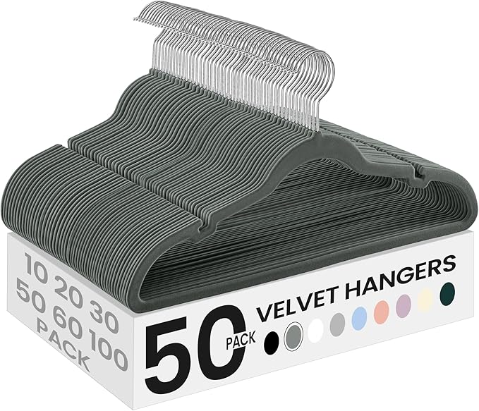 SONGMICS Velvet Hangers 50 Pack, Non-Slip Clothes Hangers, Suit Hangers with Shoulder Notches, Pants Bar, 360° Swivel Hook, Space-Saving, for Closet, Gray UCRF029G05