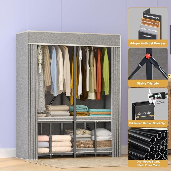 Heavy Duty Clothing Racks for Hanging Clothes with Cover, 95% Assembled Freestanding Foldable Portable Clothes Rack, 59“Lx70 H