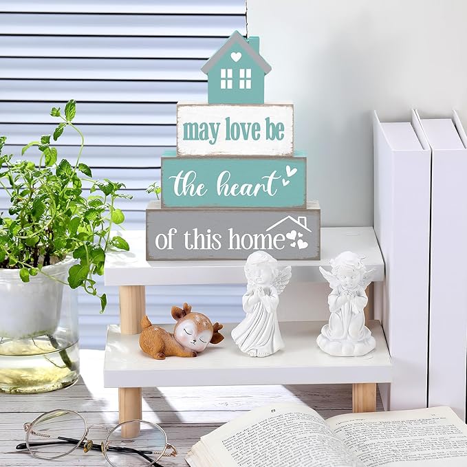 Cinnvoice 4 Pcs Farmhouse Tabletop Decor Rustic Family Blessed Home Table Centerpiece This Is Us Sign for Kitchen Shelf Desk Fireplace Mantel Tiered Tray Decor(May Love Be the Heart of This Home)