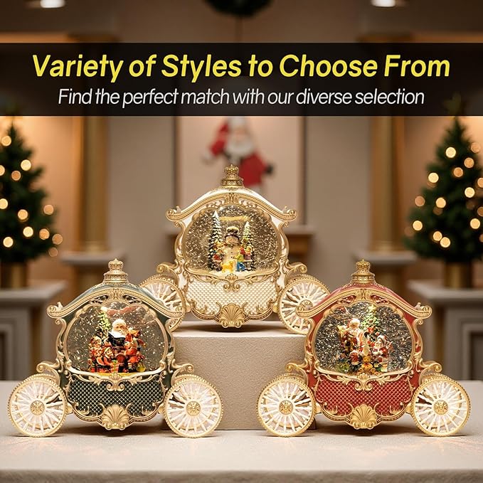 Christmas Red Carriage Snow Globe Lantern with Gift Box - Santa Scene Water Lantern with Glitter Snow - Musical Holiday Decor with LED Lights - Battery Or USB Cable Powered Operated (Red with gold)