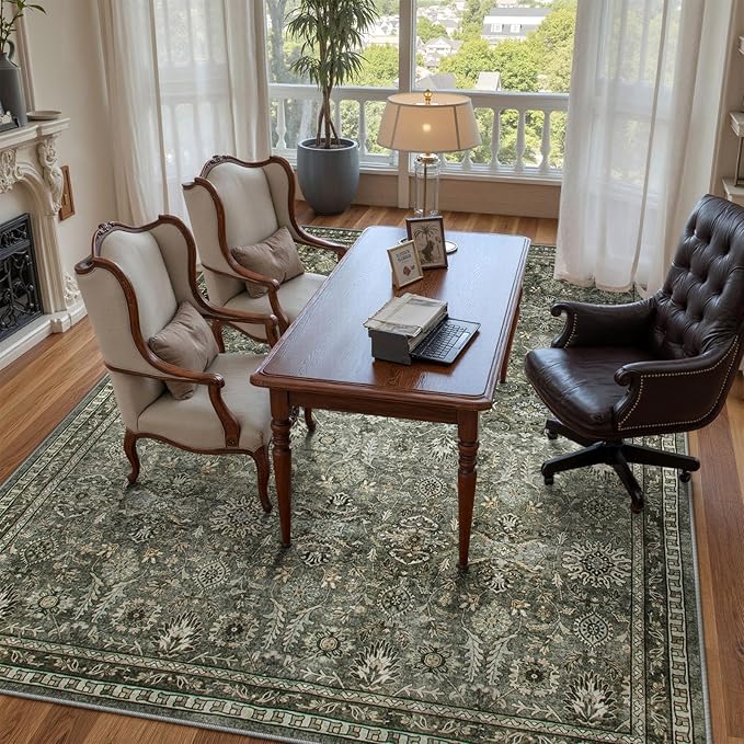 Lahome Green 10x14 Area Rugs for Living Room, Washable Vintage Large Floor Rugs for Bedroom, Rubber Backed Non-Slip Carpet for Dining Room Office