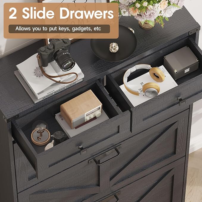 Shoe Cabinet with 3 Flip Drawers & 2 Drawers,Freestanding Shoe Storage Cabinet for Entryway,Farmhouse Narrow Slim Organizer Rack for Foyer,Hallway,Black