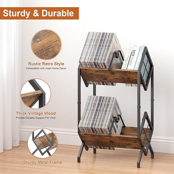 RUILALIFE 2-Tier-Vinyl-Record-Storage-Holder With Dividers, Metal Album storage for vinyl records display Shelf, Vintage 160-200 LP Storage Shelf Stand
