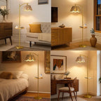 Oneach Floor Lamp with Table for Bedroom, Boho Standing Lamps with Foot Switch, Farmhouse Floor Lamp for Living Room, Arc Rattan Lamps with Gold Metal Base & Pole, Ideal for Home Décor
