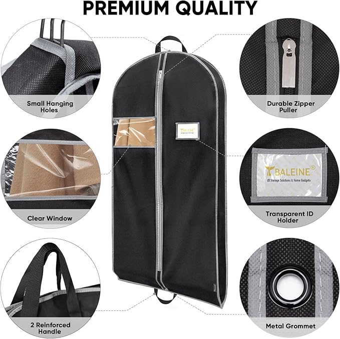 BALEINE 2PK Heavy Duty Garment Bag with Shoe Storage Travel Bag for Dresses, Suit, Coats Travel Essential (54", Black)