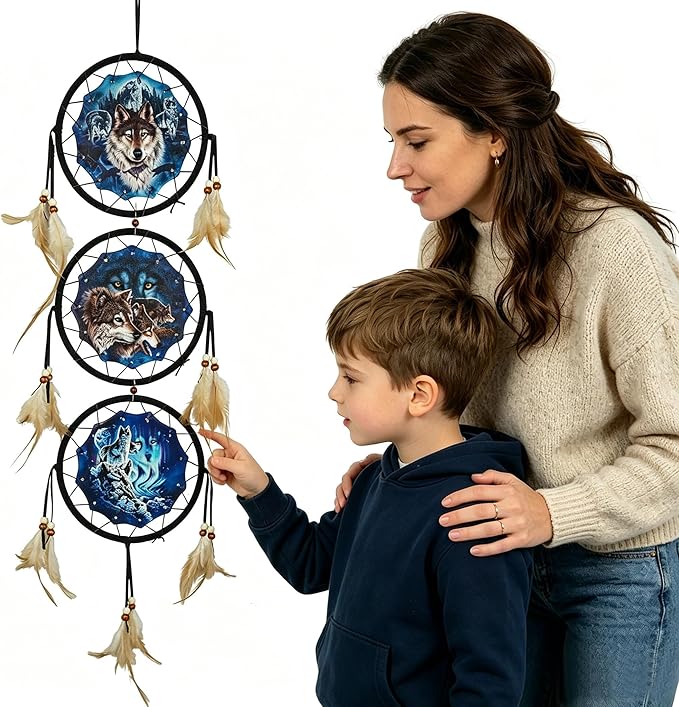 Remorelt Wolf Dream Catchers，3-Layer Circle Wall Hanging with Different Wolf Art for Wolf Lover Room Decor,Ideal Bedroom Wolf Home Decor,Dream Catcher for Boy Kids(DC01 6Inch Wolves)