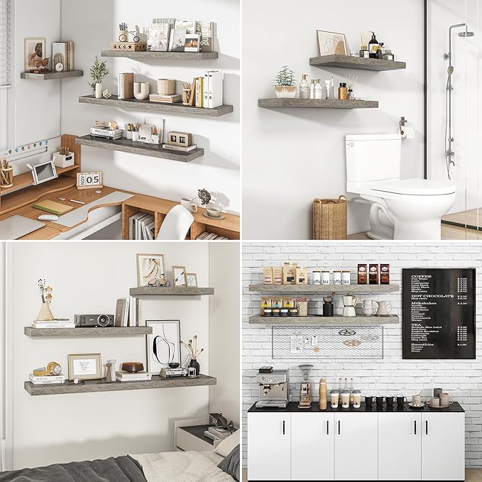 RICHFOCUS 31.5Inch Floating Shelves for Wall 2 Pack Shelves for Bedroom|Kitchen|Bathroom Wall Mounted Rustic Wood Floating Shelf with Invisible Brackets for Books|Storage|Decor, Grey