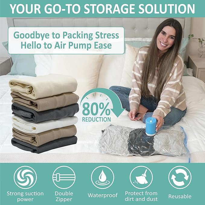 Cozy Essential Travel Vacuum Storage Bags with Rechargeable Cordless Electric Pump, Space Saver Bags for Luggage, Suitcase, Carry-On, for Clothes, Blankets, Comforters, Pillows, 8 Combo