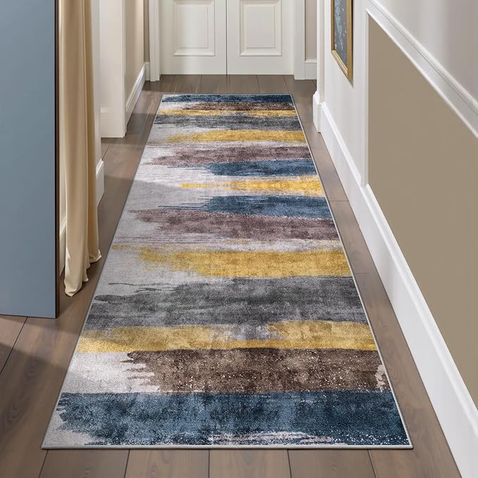 Ciicool 2'6"x10' Washable Runner Rug, Modern Abstract Hallway Rugs Runner, Non-Slip Thin Accent Rug Lightweight Yellow Grey Distressed Carpet Runners for Laundry Entryway Bedroom Kitchen Indoor
