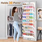 20-30 Pairs Over the Door Shoe Organizer, Clear Pockets Hanging Shoe Storage for Closet, 10-Tier Door Shoes Rack, Handing Shoes Holder Fit All the Family's Sneakers, Boots, Heels, White