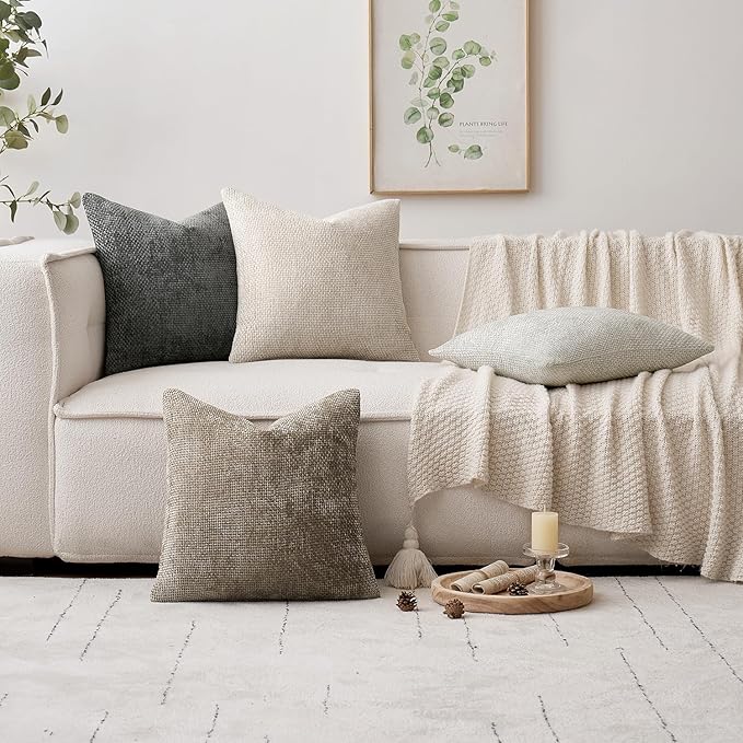 MIULEE Pack of 4 Couch Throw Pillow Covers 26x26 Inch Neutral Soft Decorative Chenille Pillow Covers Farmhouse Boho Accent Cushion Covers for Mid Century Modern Spring Decor Sofa Bedroom Living Room