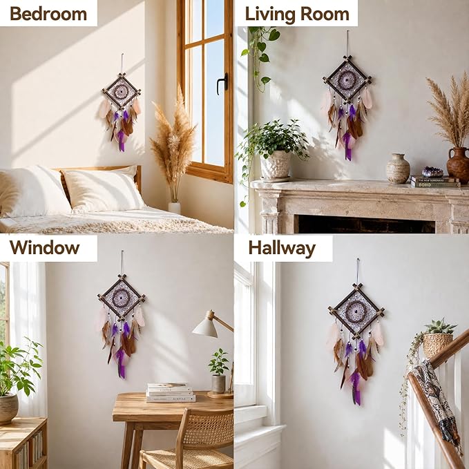 Rattan Dream Catchers with Peacock Feather, Boho Wall Decor Rustic Wooden Native American Wall Art for Bedroom Living Room (Purple Brown)