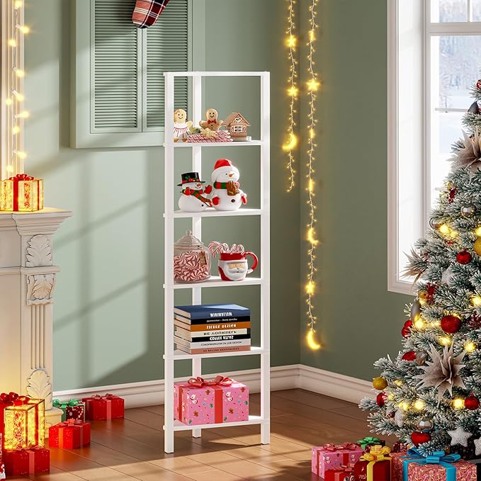 TUTOTAK 6-Tier Corner Bookshelf,Corner Shelf for Small Space, Narrow Display Corner Shelf Stand with Storage Rack, for Living Room, Bedroom, White BS05BW006