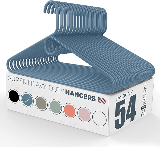 Neaties Super Heavy Duty Clothes Hangers 50 Pack (54 Count) – Made in the USA - 10lb Capacity, Thick Plastic Hangers for Pants, Coats, Jackets, Jeans and Adult Clothing – Blue