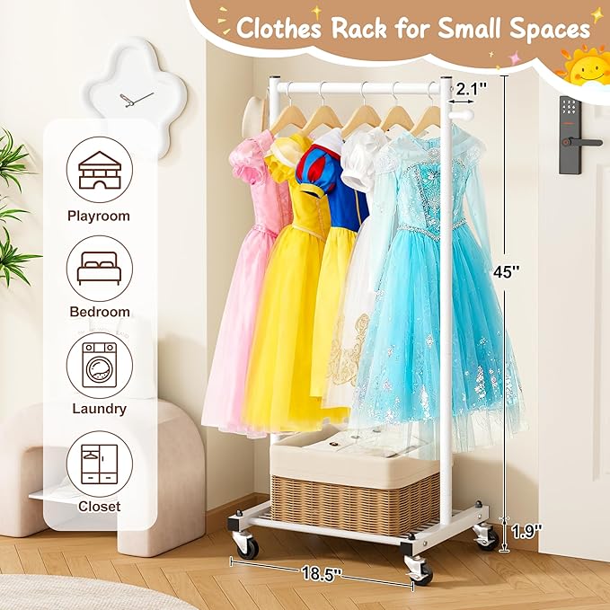 MISSLO Kids Clothing Rack for Small Space Kids Dress Up Storage with Shelf Short Baby Clothes Rack for Hanging Clothes & Dance Costumes Small Garment Rack for Closet, Wardrobe, White
