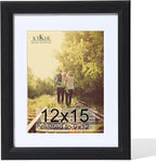 KTKDE 12x15 Picture Frame,Display Pictures 9 x12 with Mat or 12x15 Without, Tempered Glass,15 by 12 Black Wooden Frame Wall Gallery Poster Frame best gift