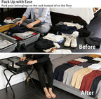 Folding Luggage Rack with Nylon Straps, Portable Suitcase Stand for Guest Room, Hotel, Bedroom, Camping, Travel Suitcase Holder, Black Metal Frame, 27.5 x 14.2 x 20.7 Inches