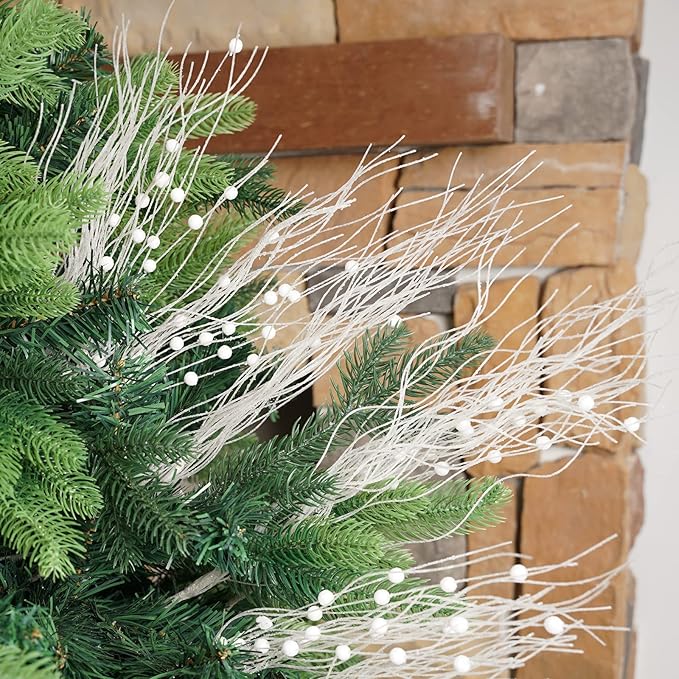 SLK 16-Pack Artificial Glitter Berry Stem Ornaments, Christmas Decorative Glittery Twigs, Picks, Branches for Tree, Wreath, Small Vase, Halloween Party (White)
