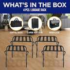 Lifemaster Metal Luggage Rack - Pack of 4 Foldable, Easy Assembly, Space Saving, and Stylish Steel Frame Guest Suitcase Stands with Nylon Straps - Black