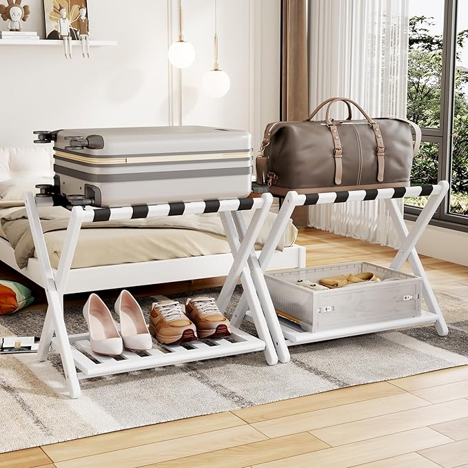 Luggage Rack for Guest Room - Set of 2 Full Assembled 26.77" L Luggage Rack Stand for Suitcases, Foldable Luggage Holder with Shoe Shelf for Bedroom, Hotel (White Bamboo Suitcase Stands)