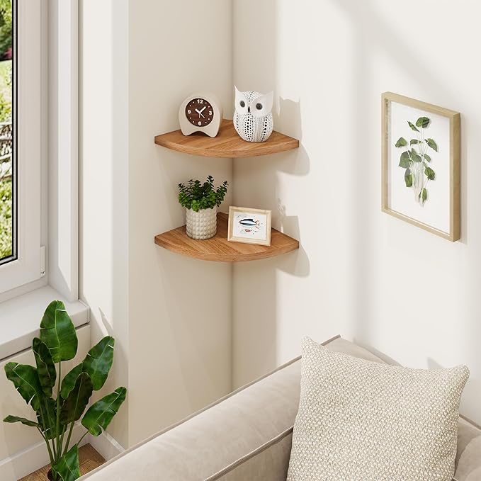 Fun Memories Corner Shelf Wall Mount Set of 2 - Solid Oak Wood Floating Corner Shelf with Cable Hole, 8.5in Rustic Design for Bedroom, Living Room, Kitchen (Natural)