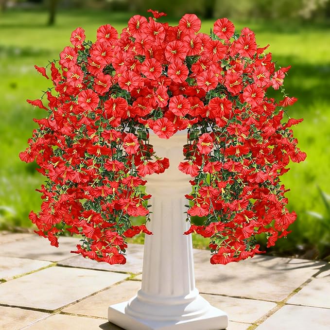 Artificial Hanging Flowers for Outdoors, 4 PCS UV Resistant Faux Plants Silk Realistic 150 Morning Glory Each Vines, Fake Plastic Floral for Garden Patio Spring Summer Decor, Red
