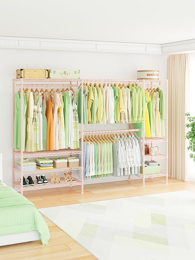 Ulif E11 Heavy-Duty Garment Rack, Metal Freestanding Clothes Rack and Closet Storage Organizer System with 8 Shelves and 4 Hanger Rods, (73.2-97.6)" W x 14.5" D x 71.2" H, Load 1034 LBS, Pink