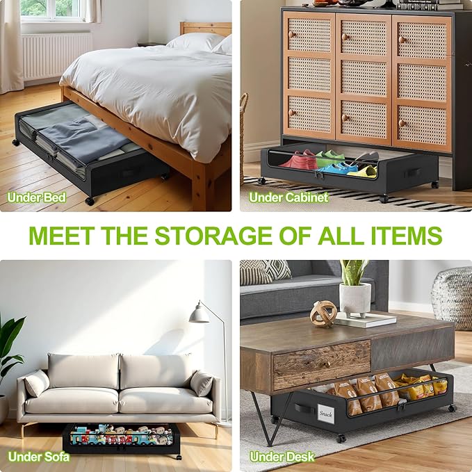Under Bed Storage with Wheels, 4-Pack Underbed Storage Containers with Clear Lids, Under Bed Shoe Storage Organizer, Rolling Under Bed Storage for Clothes Shoes Blankets (Black)