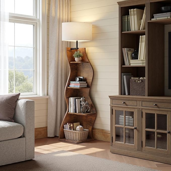 Evermagin 4 Tier Corner Shelf with Light, 64'' Tall Corner Bookshelf with Unique Shape, Stylish Wavy Bookcase Tower with Storage Organizer for Small Space, Living Room, Bedroom (Rustic Brown)
