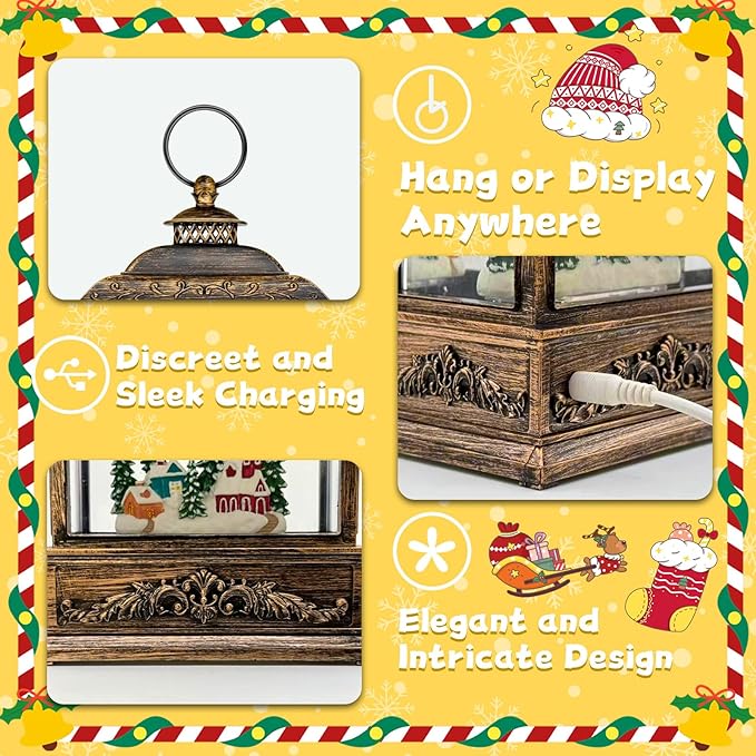 Christmas Snow Globes, Light Up Snow Globe with 6H Music Timer, Auto Snowfall, USB or Battery Powered, Christmas Globe with Santa Snow Globe Scene, Indoor Christmas Decorations for Home, Retro Gold