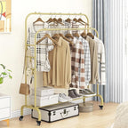 SUOERNUO Garment Rack with Wheels Clothing Rack for Hanging Clothes Multi-functional Bedroom Clothes Rack，Gold+Double Rods