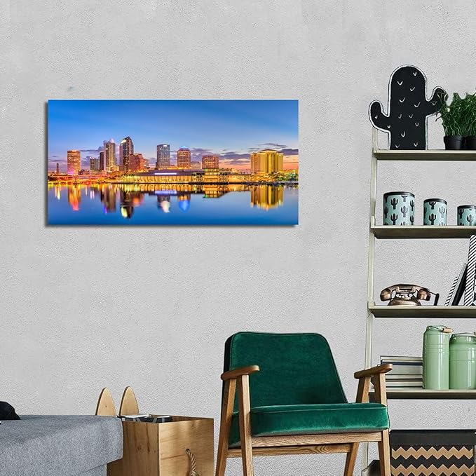 AIYISU Florida Skyline Wall Art USA City Poster Tampa Cityscape Picture Modern Office Wall Decor Blue Night Skyscraper Downtown River Reflection Painting Artwork for Living Room Decoration 20x40”