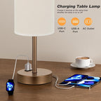 Fenmzee Touch Table Lamp - Beige, 3-Way Dimmable, USB A + C Charging, AC Outlet, 17.4inch Medium, Brown Metal Base