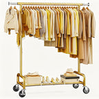 Raybee 75" W Heavy Duty Clothes Rack Load 450 LBS, Metal Garment Storage with Shelf, Lockable Wheels & Anti-Slip Stoppers, Rolling Clothing Rack for Bedroom Laundry Room, Gold