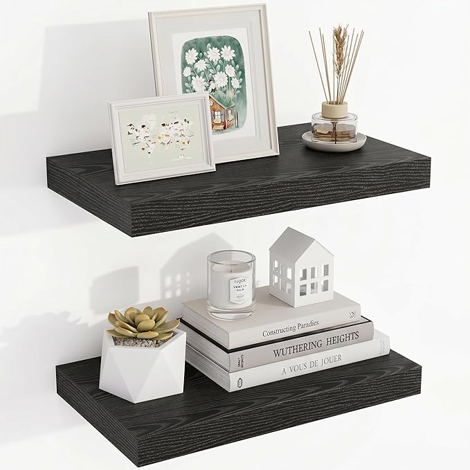Acovy 16 Inch Floating Shelves, 16"x9.25"x1.5" Inch Deep Floating Shelves for Wall, Wooden Shelves for Bathroom, Bedroom, Living Room, Black