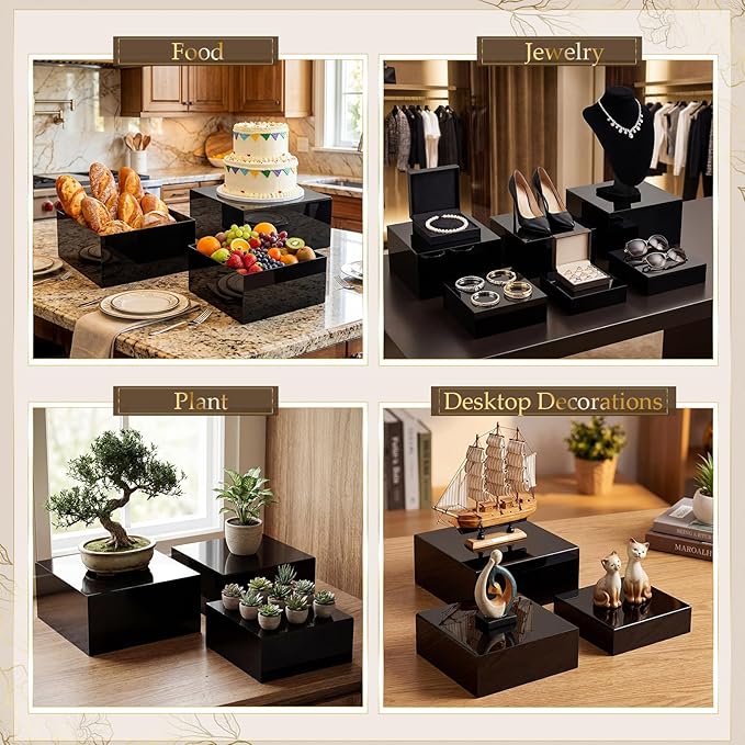 Geelin 6 Pack Acrylic Risers for Display Acrylic Cube Boxes Risers Display Stands with Hollow Bottoms Decorative Stand for Jewelry Candy Table Decor 6 Sizes(Black,7 to 12 Inch,Square)