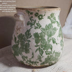 Vintage Green and White Ceramic Floral Vase Planter, Rustic Crackle Glaze Pottery Jar, Hand-Painted Floral Pot Design for Flowers or Plants, Farmhouse & Cottage Home Decor Accent