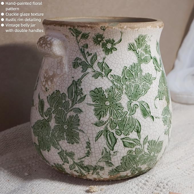 Vintage Ceramic Vase with Green Floral Pattern, White and Green, Crackle Glazed Finish, Decorative Garden Design (Large - Belly Jar with Drainage Hole)