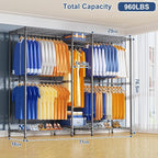 Ulif E12 Pro Clothes Rack，Heavy Duty Freestanding Garment Rack with Shelves，Metal Clothing Closet Storage System for Hanging Clothes，71" W x 16" D x 76.5" H, Hold 960 lbs，Grey